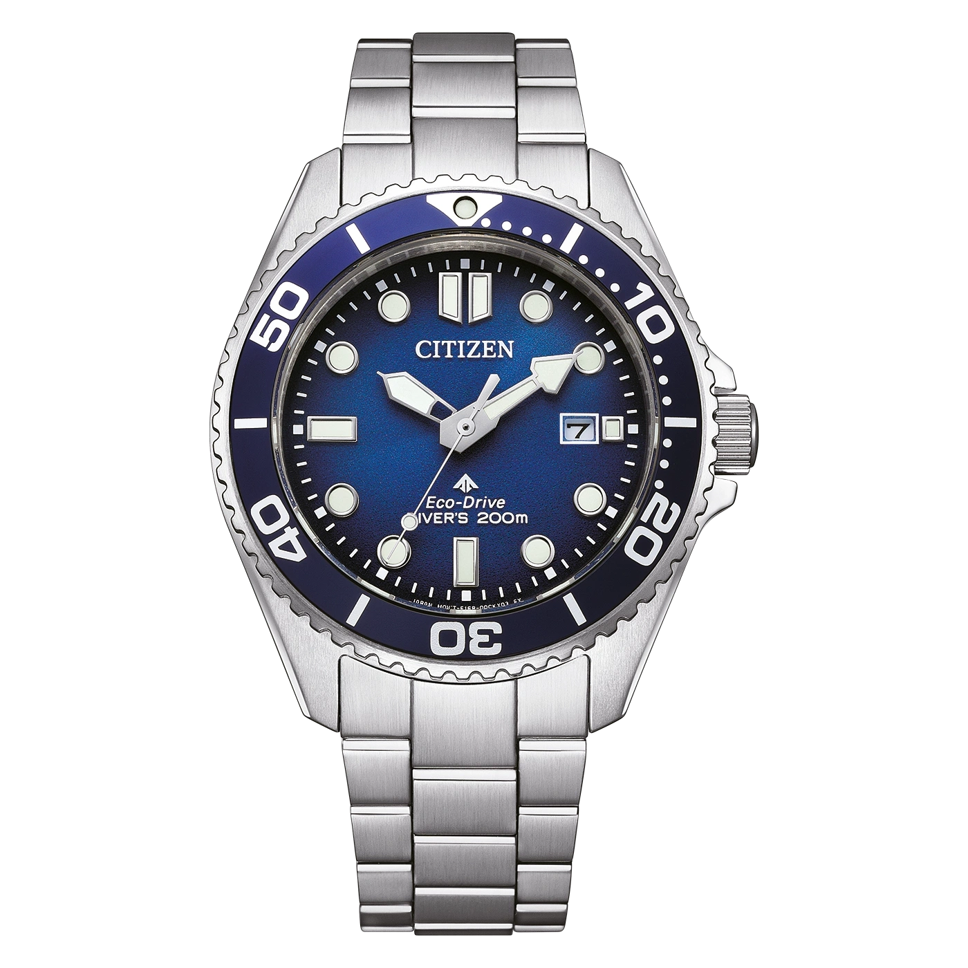 Citizen watch with blue dial and silver bracelet, perfect for diving.