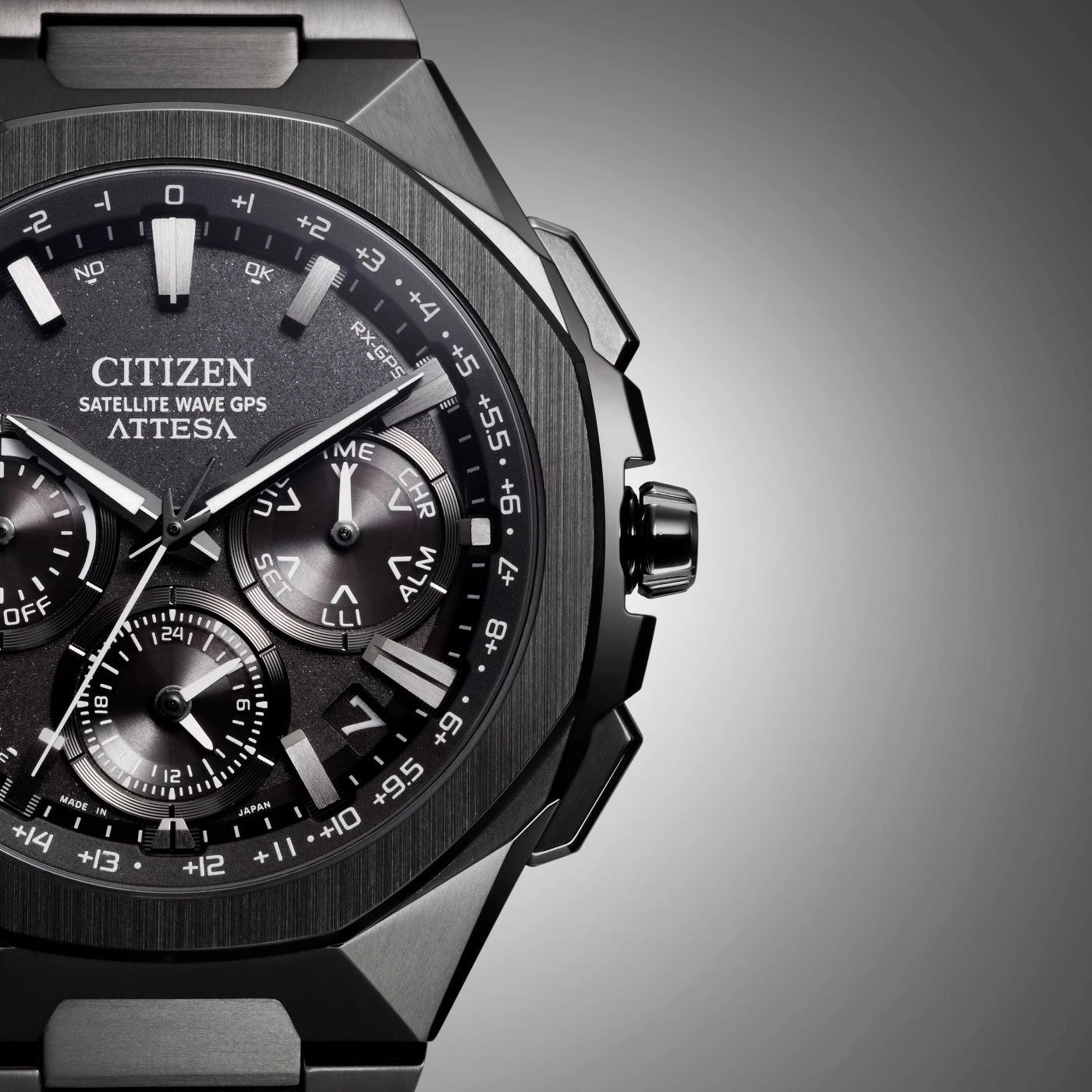 Close-up of a Citizen Attesa watch with a dark gray dial and multiple sub-dials.