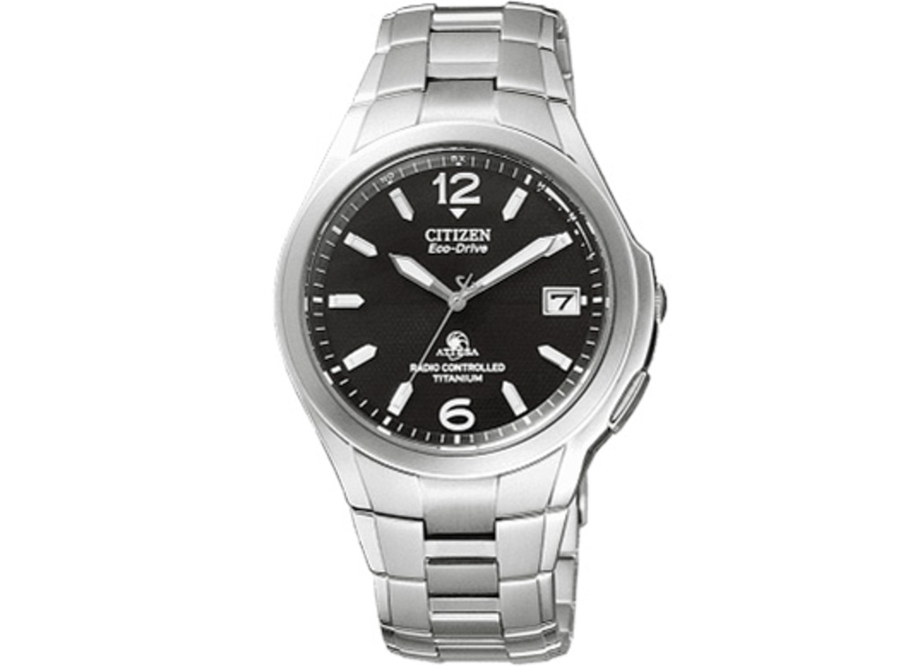 Citizen Eco-Drive watch with black dial and titanium band, radio controlled.