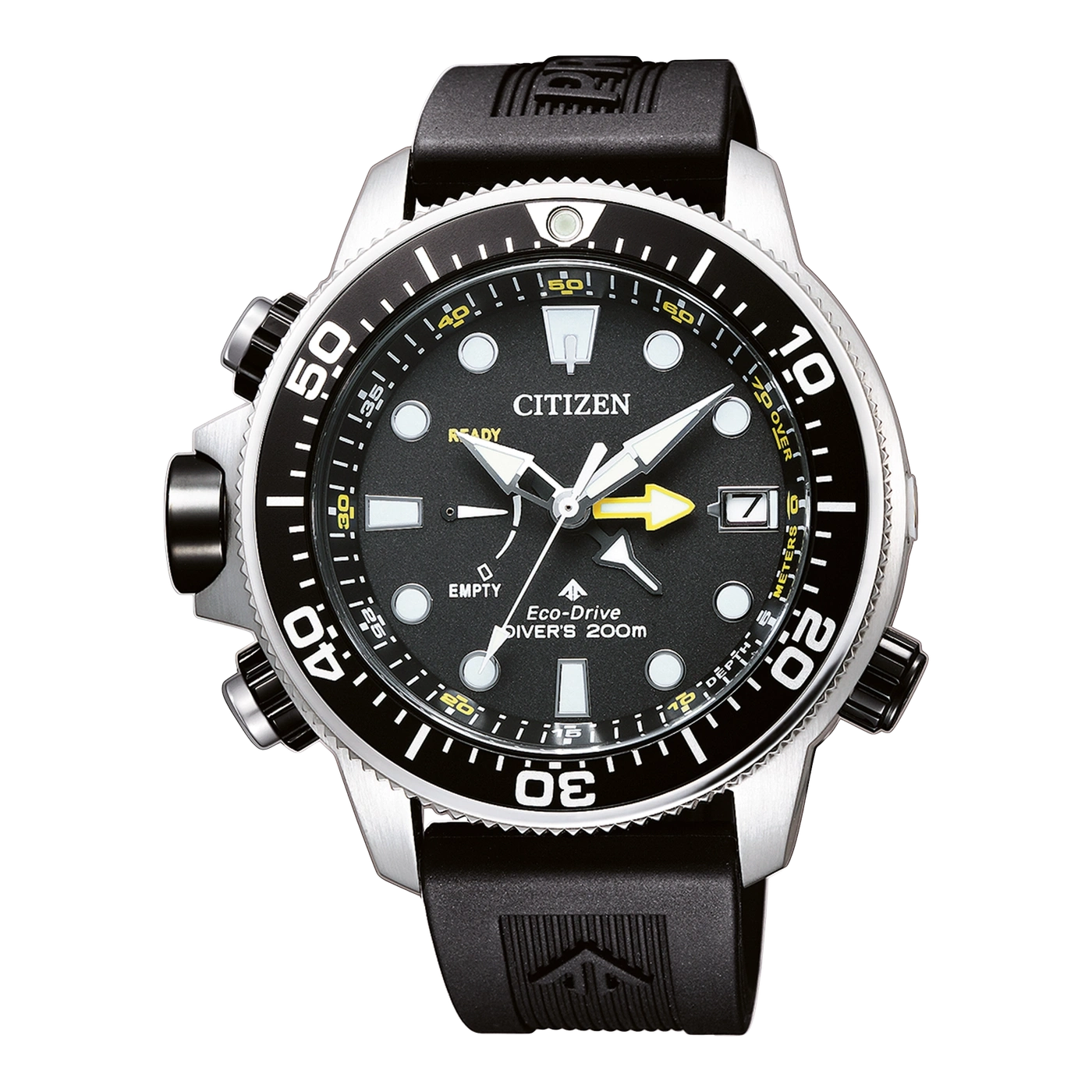 Citizen watch with black dial, Eco-Drive, diver's 200m, black strap, and silver case.