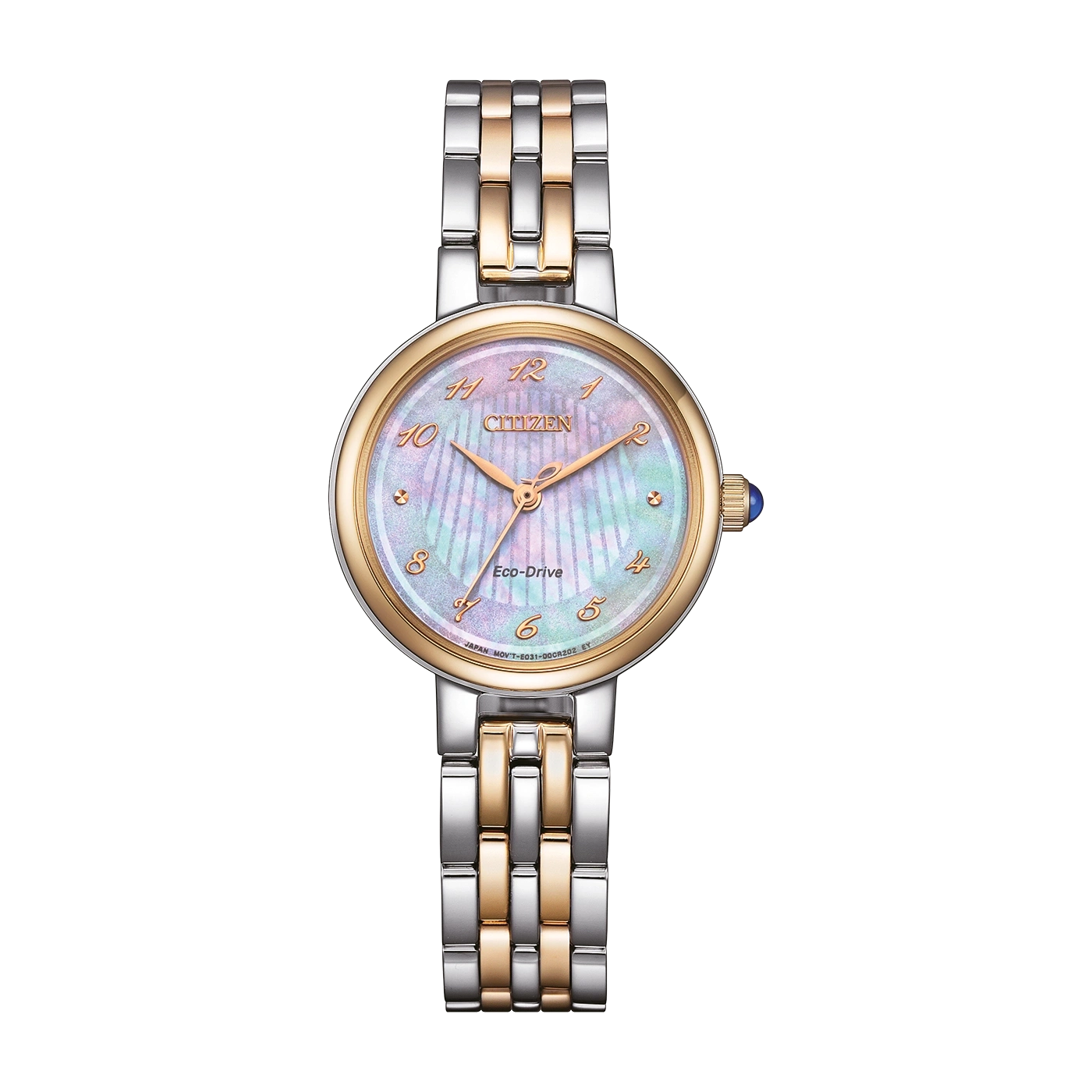 Citizen watch with gold and silver band, pearlescent face, Eco-Drive