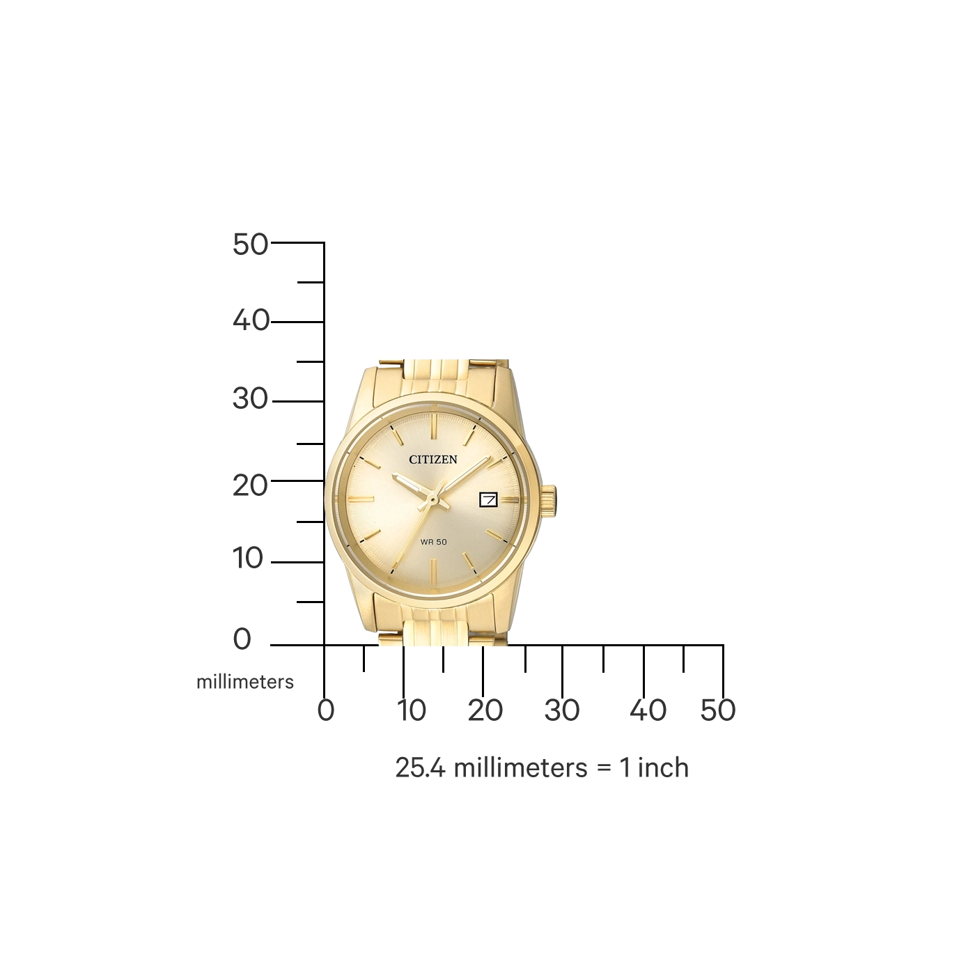 Gold Citizen watch with a scale in millimeters and the text 'WR 50'.