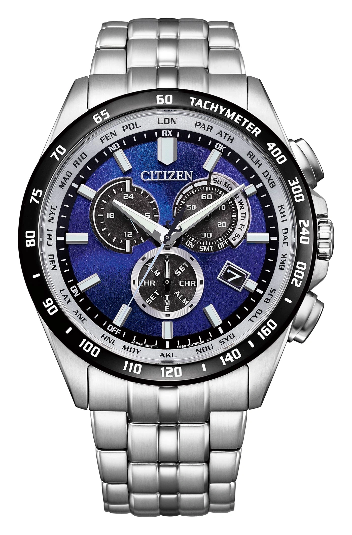Citizen watch with blue face, tachymeter, and stainless steel band. Chronograph.