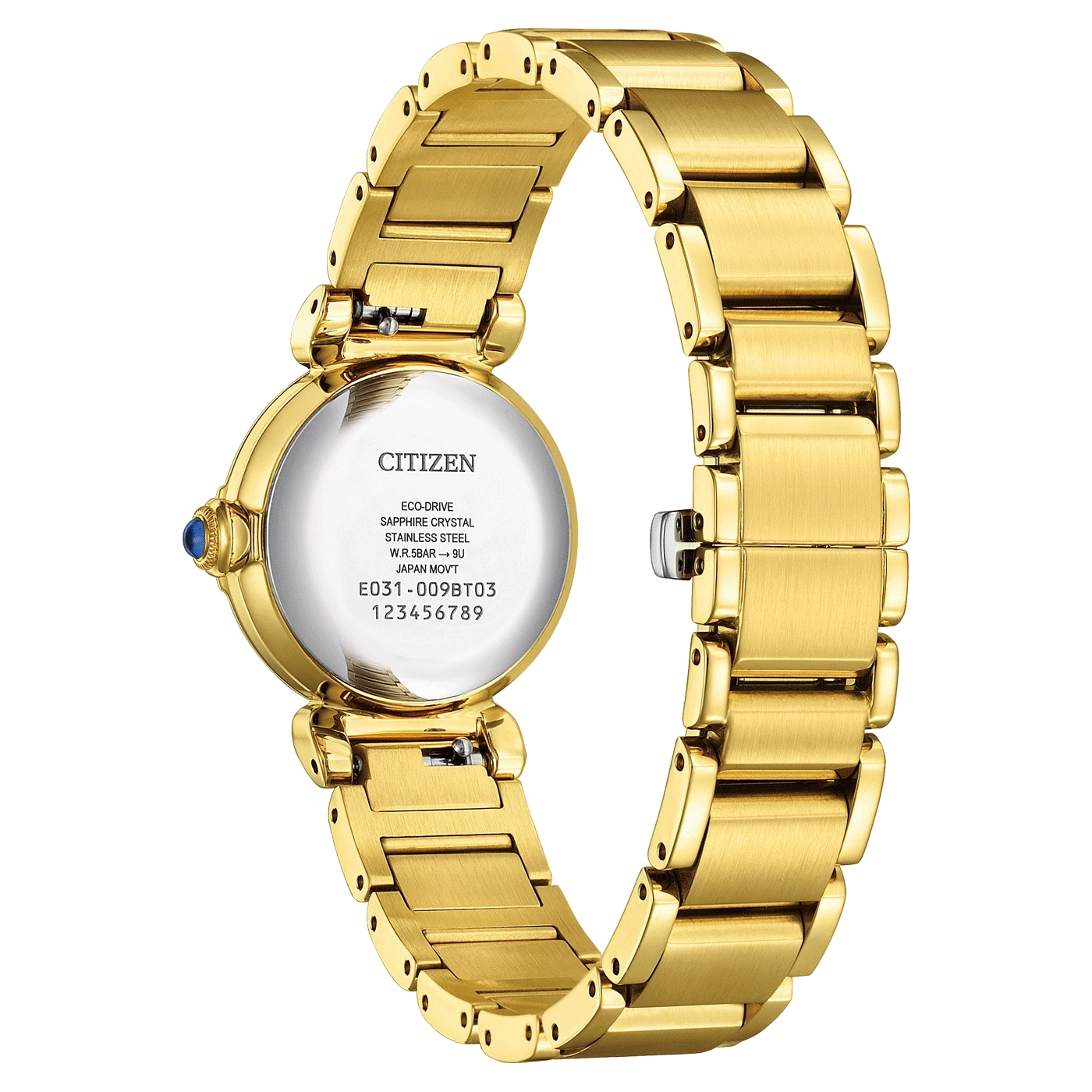 Gold Citizen watch, back view, stainless steel, sapphire crystal, Eco-Drive