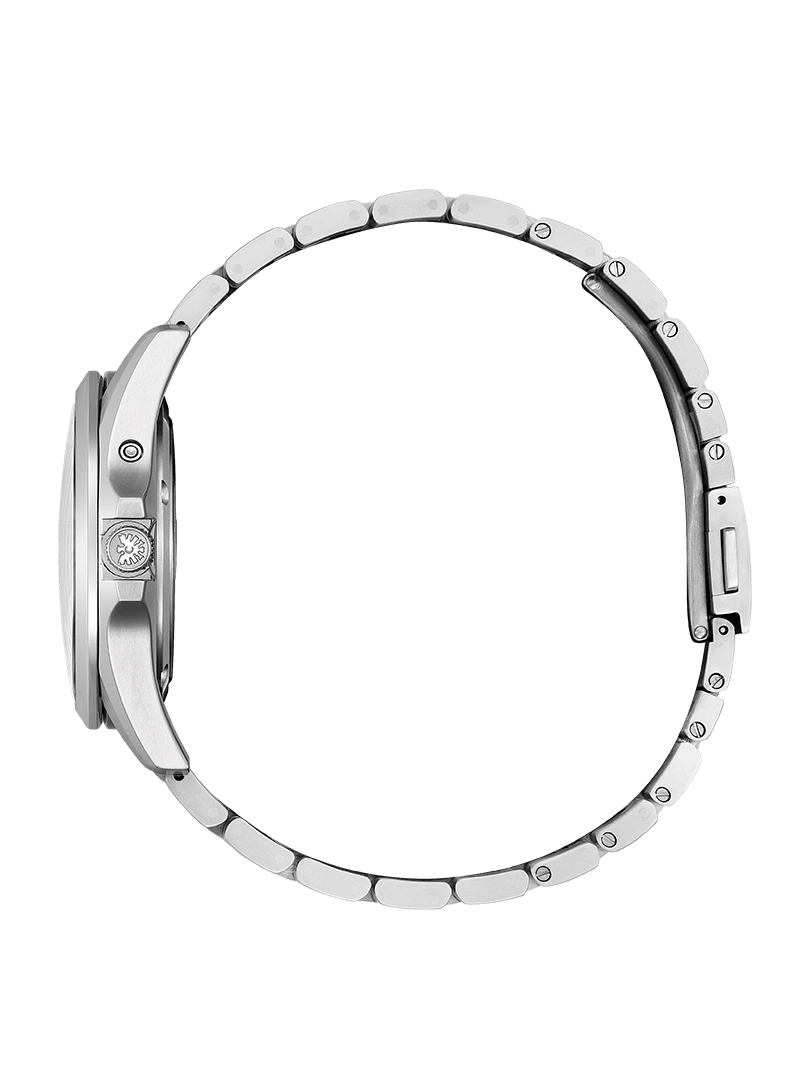 Side view of a silver wristwatch with a metal band on a green background.