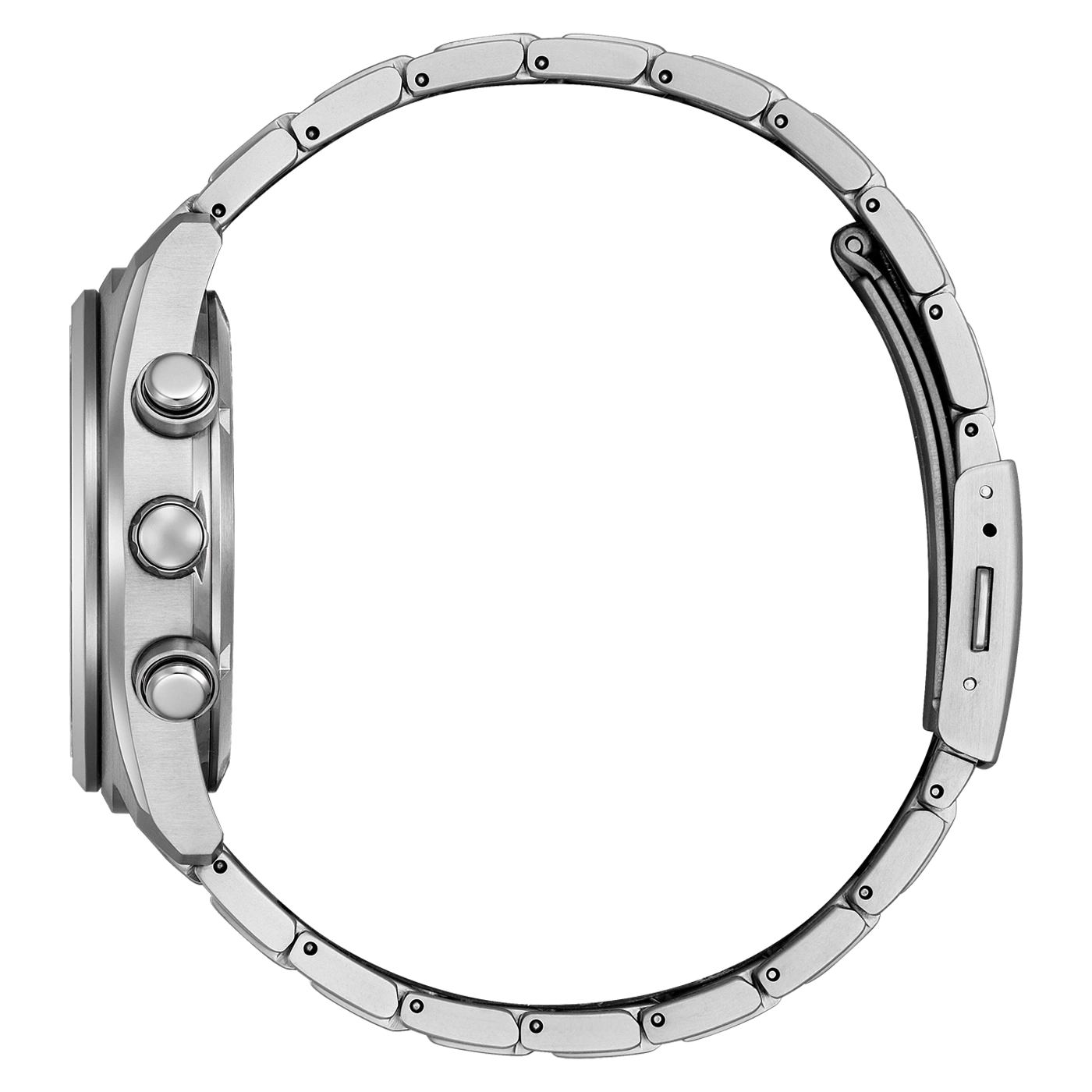 Side view of a silver watch with metal band and two buttons on the side.