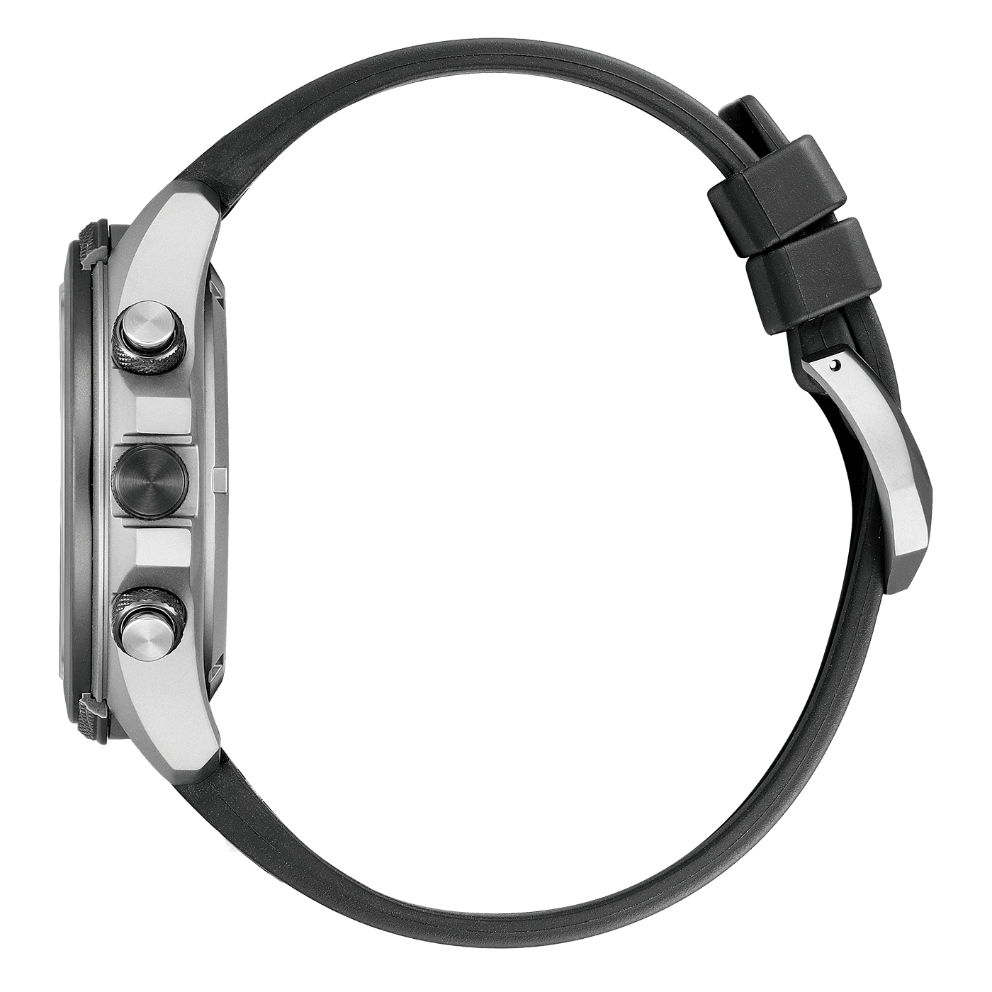 Side view of a silver watch with a black strap and buttons.