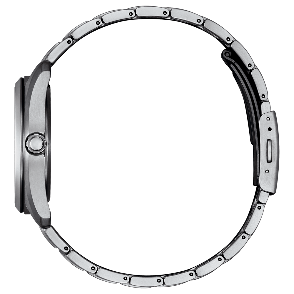 Side view of a silver watch band and case