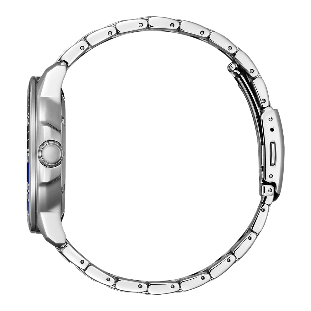 Side view of a silver wristwatch with a metal band and blue accents.