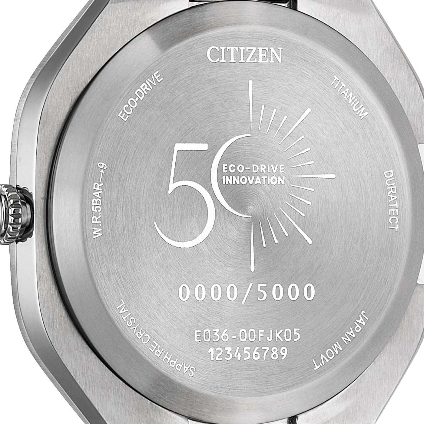 Back of a Citizen Eco-Drive Titanium watch with 50th anniversary markings.