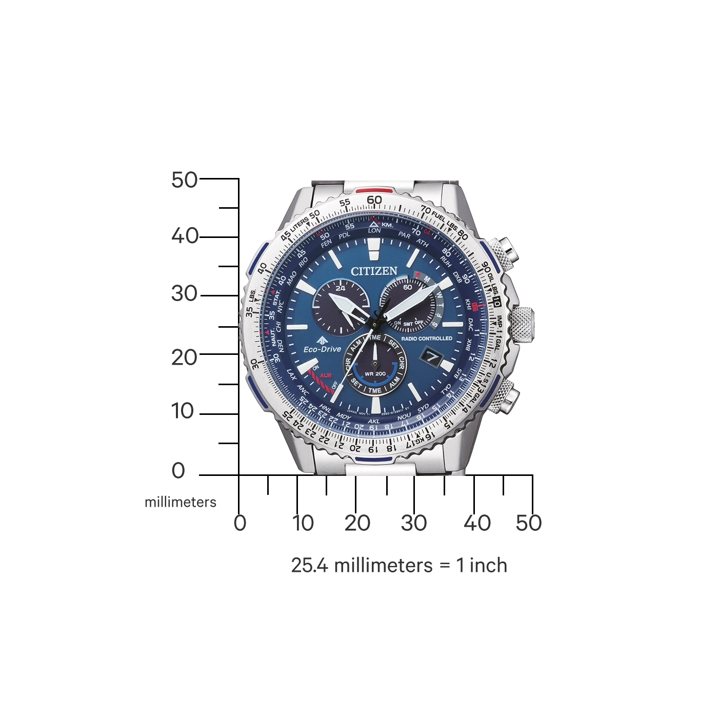 Citizen watch with blue face, radio controlled, Eco-Drive, and various dials and buttons.