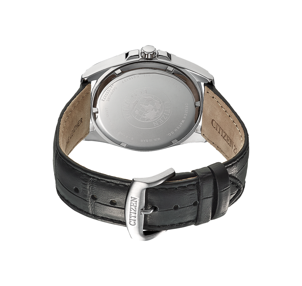 Citizen watch back, black leather strap, sapphire glass, water resistant 10 bar.