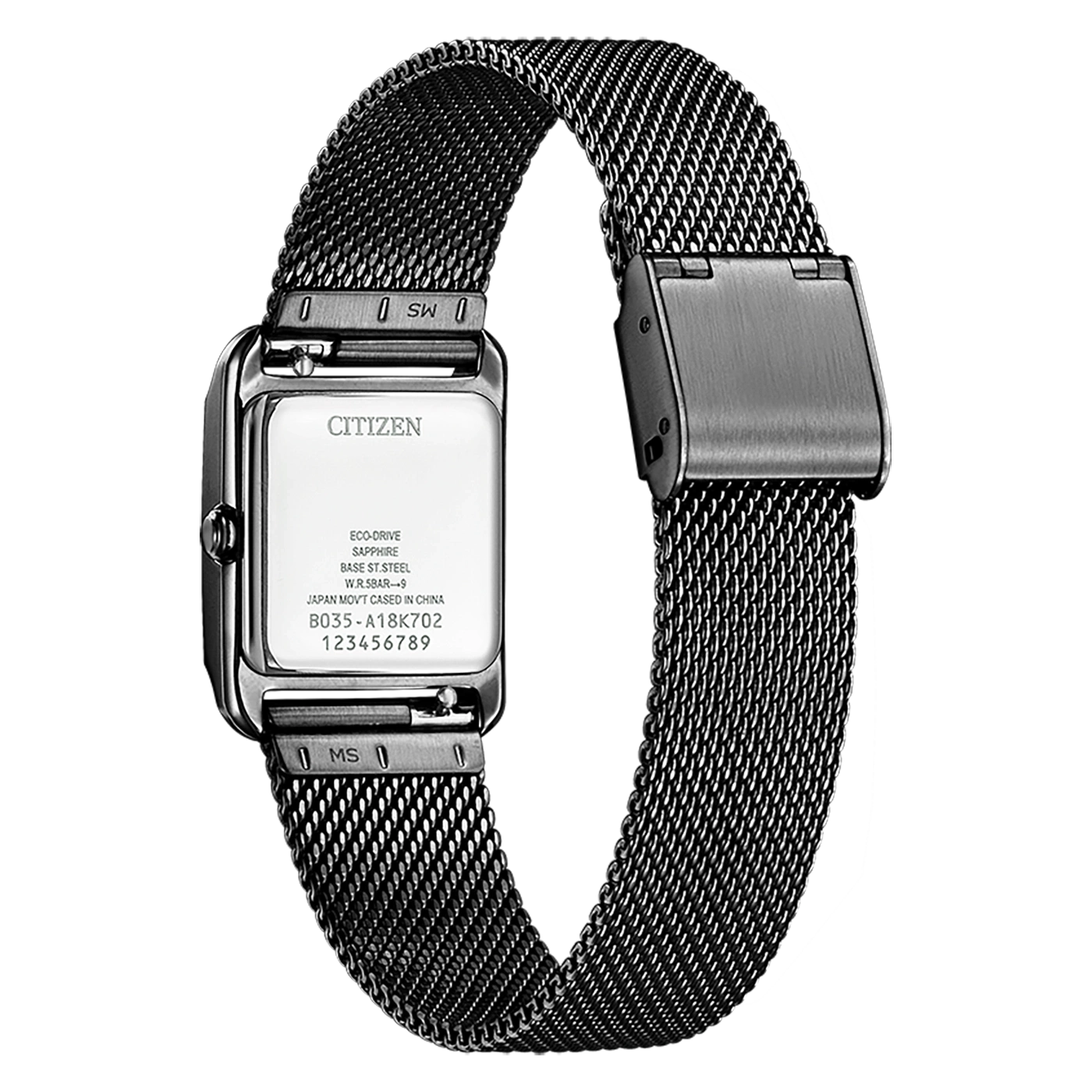 Citizen watch with black mesh strap, Eco-Drive, sapphire, stainless steel.