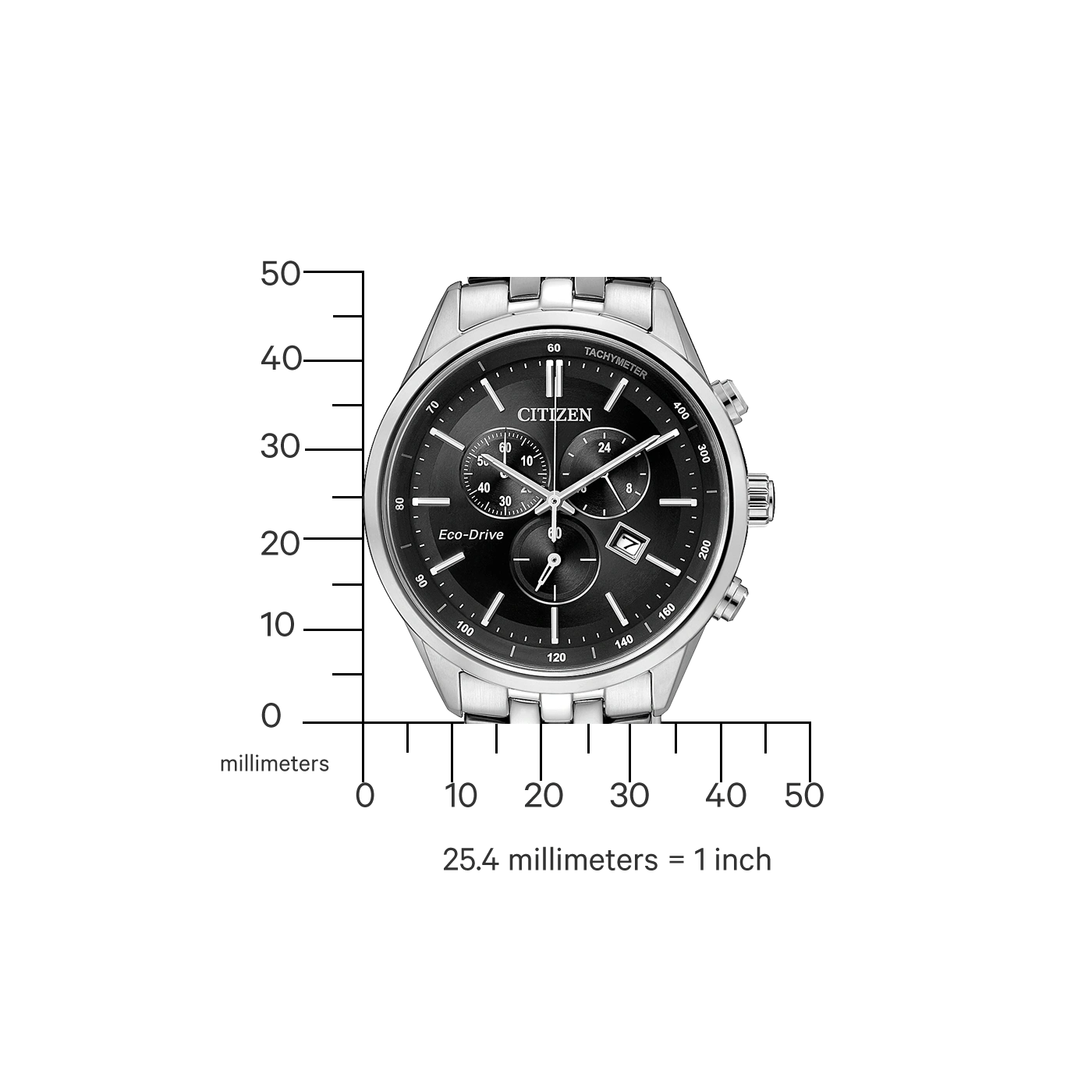 Citizen watch with black face and silver band, Eco-Drive, tachymeter.