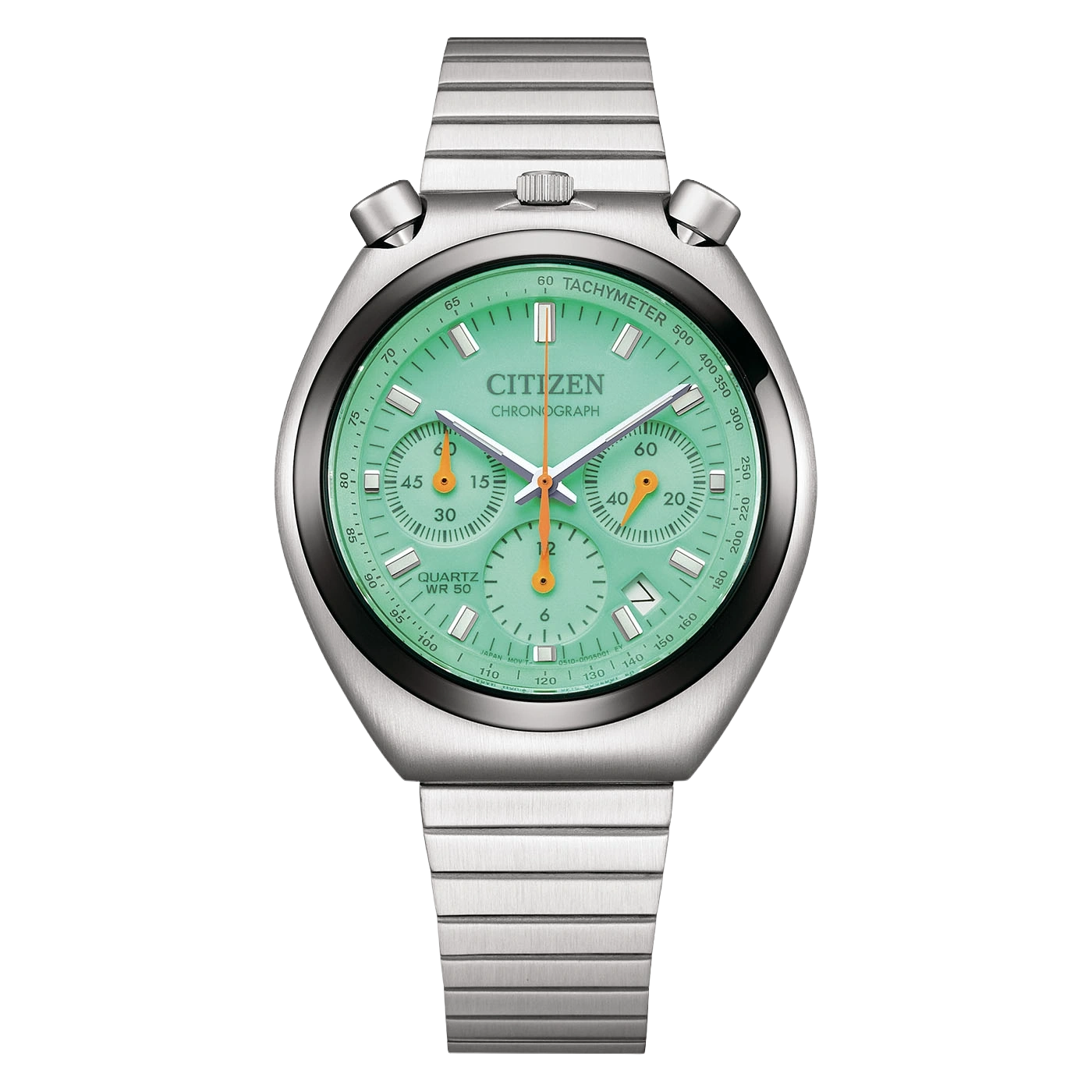 A mint green Citizen chronograph watch with a silver band.