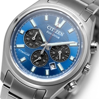 A close-up of a blue Citizen Eco-Drive titanium watch