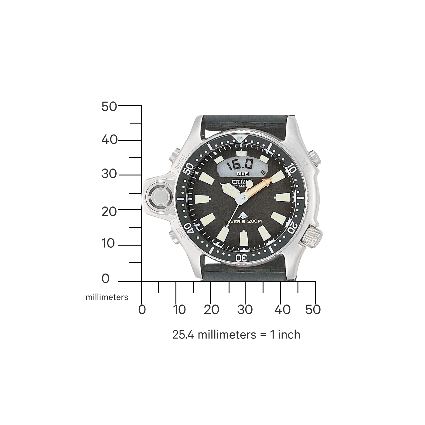 Citizen watch with depth display, black dial, silver case, and rubber strap.