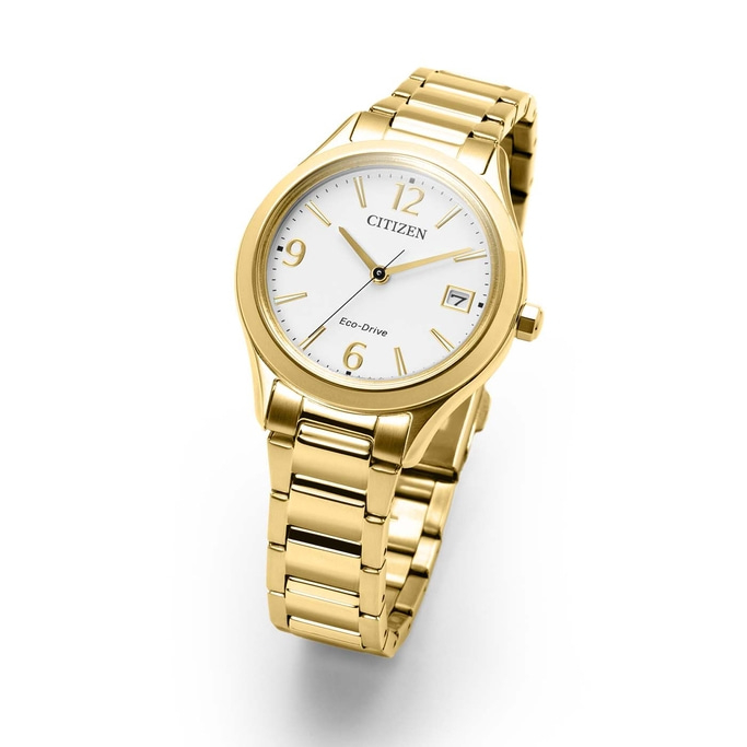 A gold Citizen Eco-Drive watch with a white face and date window.