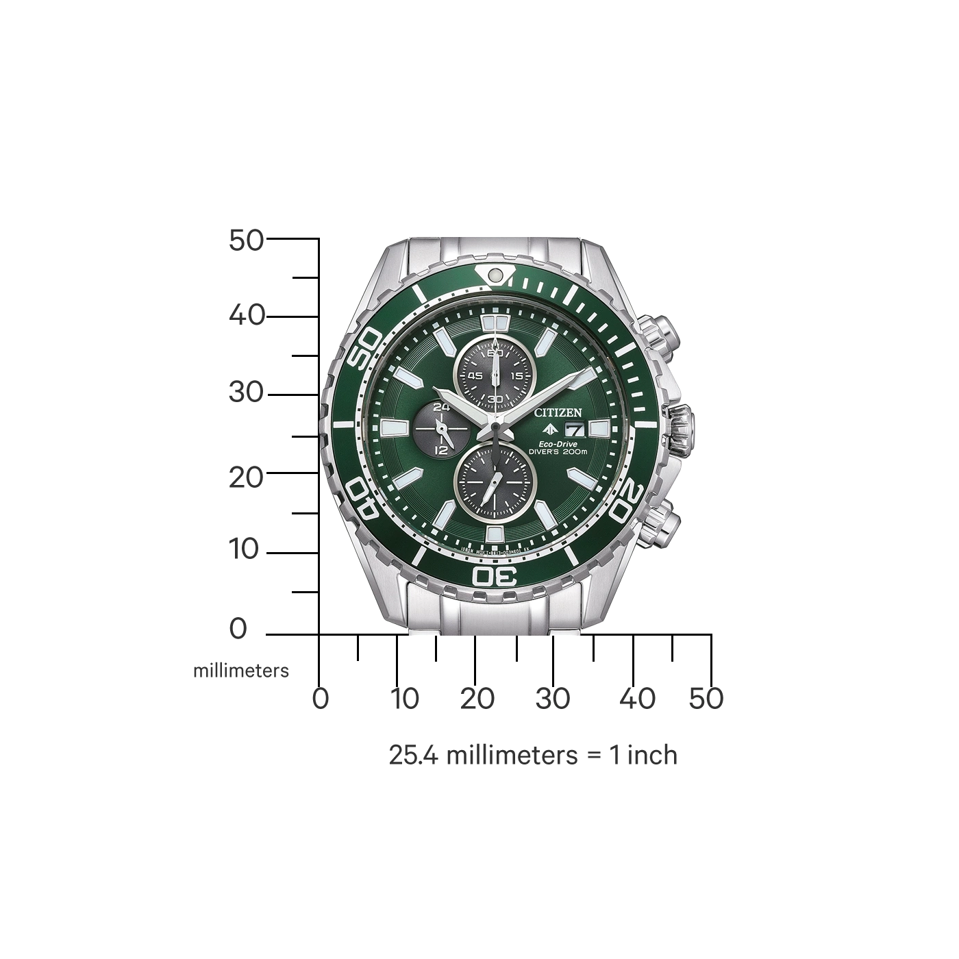 Citizen watch with green dial and silver bezel, showing time and date.
