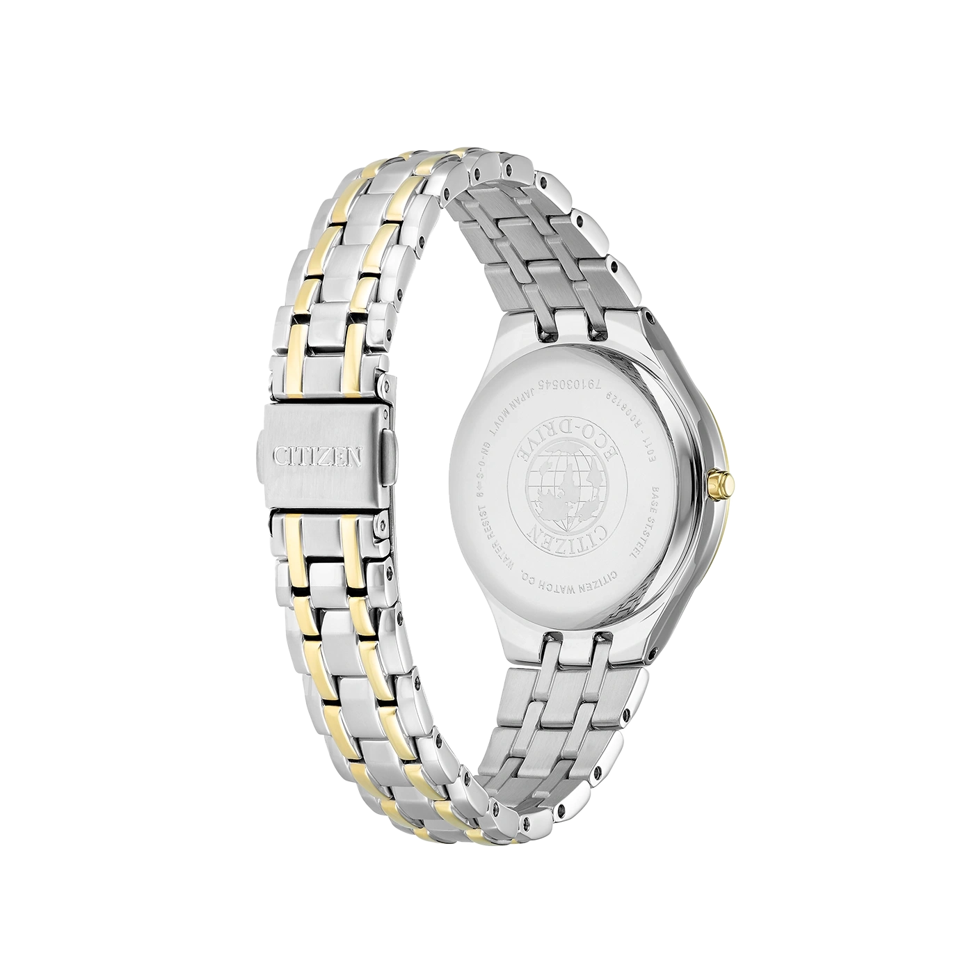 Citizen watch back view, silver and gold bracelet, Eco-Drive, water resistant, steel base
