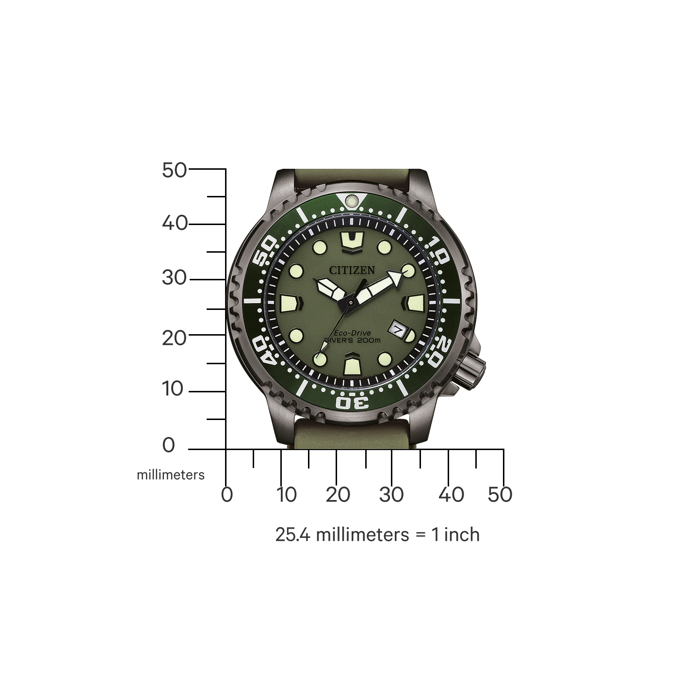 Citizen watch with green face and strap, showing time and date.