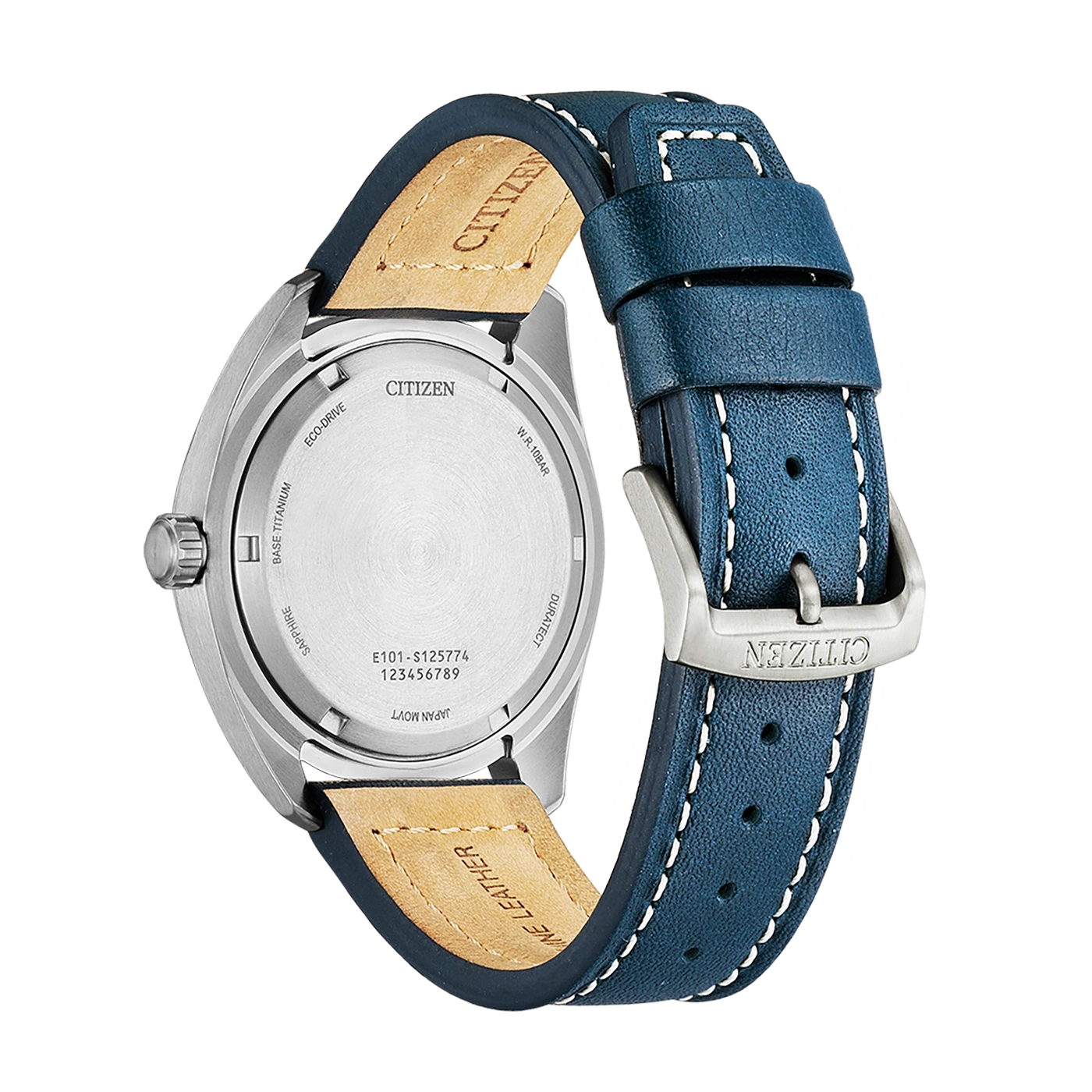 Citizen watch back, blue leather strap, sapphire, titanium, Eco-Drive, W.R.10BAR