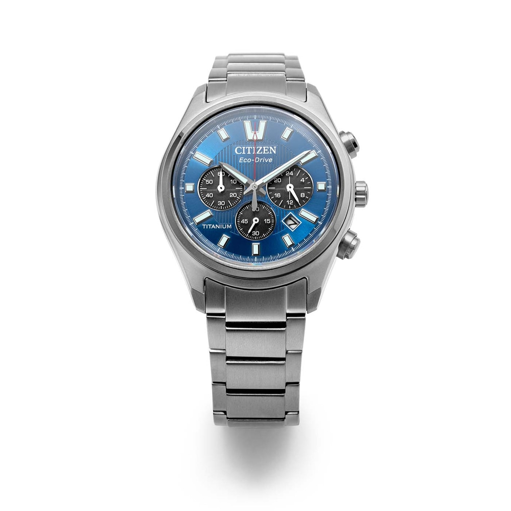 A blue Citizen Eco-Drive titanium watch with chronograph subdials.