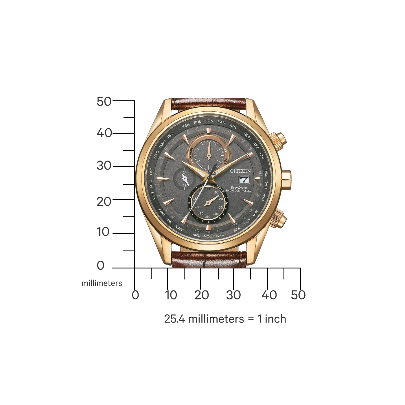 Citizen watch with gold case, brown leather strap, and multiple dials.