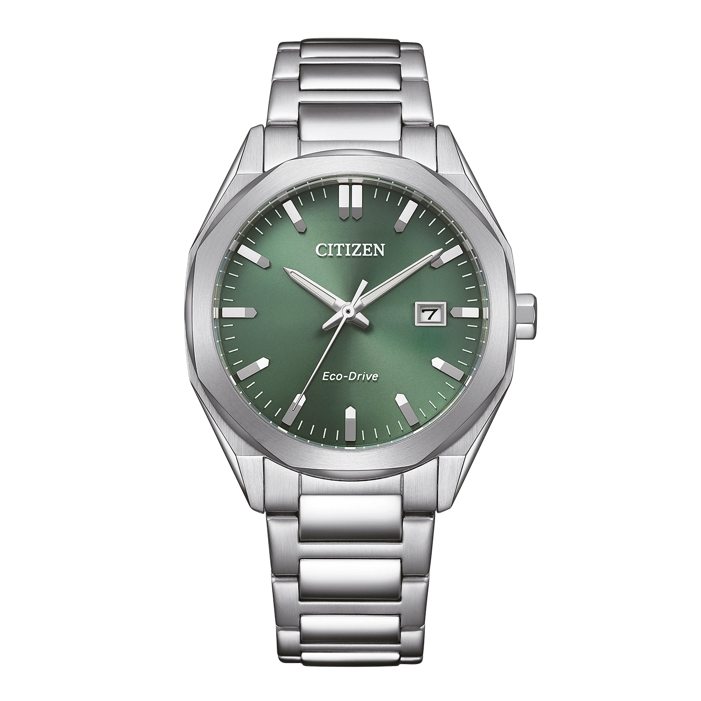 A silver Citizen Eco-Drive watch with a green dial and silver band.