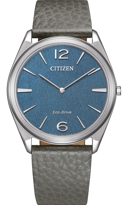 Citizen watch with blue face and grey leather strap, elegant design.