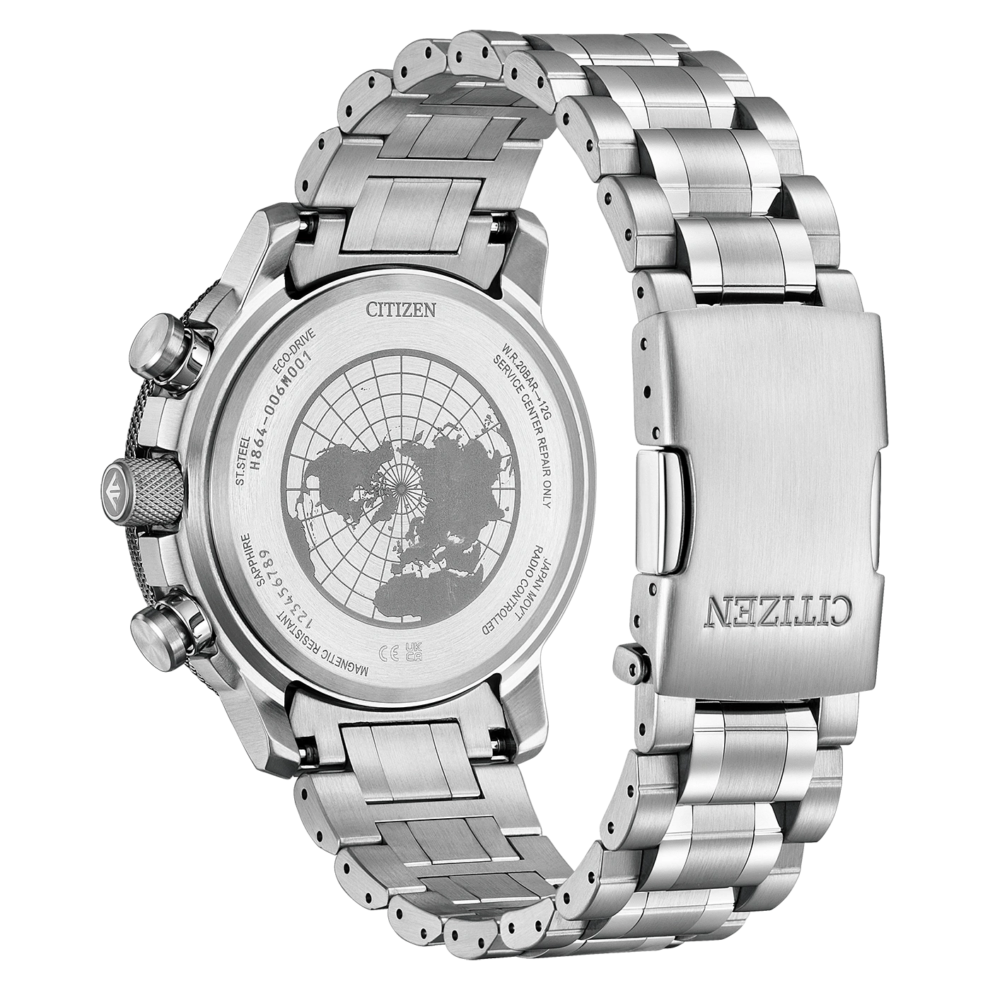 Citizen watch back with details: Eco-Drive, steel, and world map design.