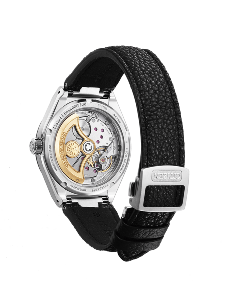 Citizen-Uhr, limitierte Auflage, schwarzes Lederarmband, mechanisches Uhrwerk, Stahlgehäuse