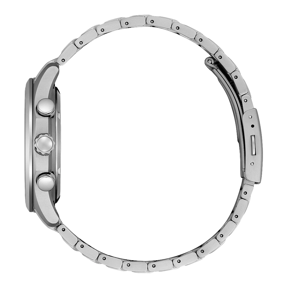 Silver watch with a metal strap, side view, isolated on white background.