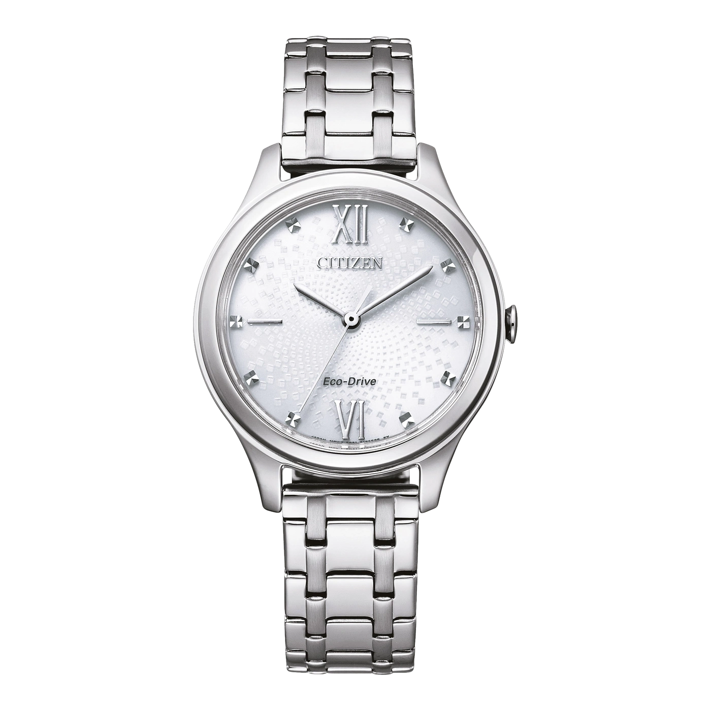 Citizen watch with silver band and white face, Eco-Drive technology.