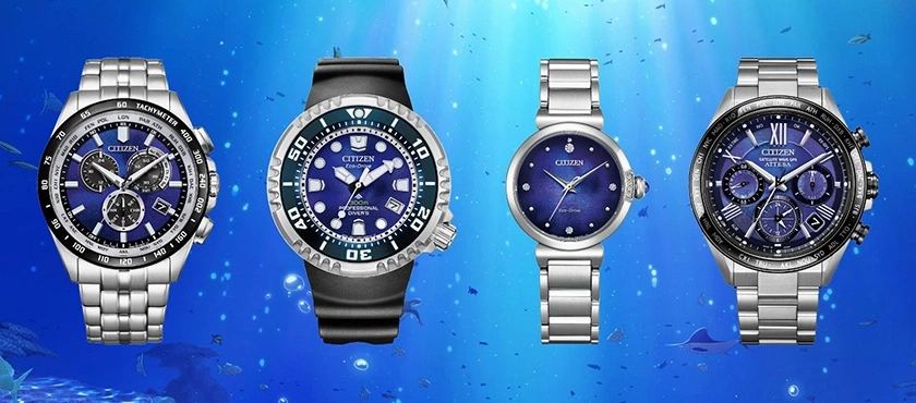 Citizen watches on blue background, four different models, stainless steel and blue dials.