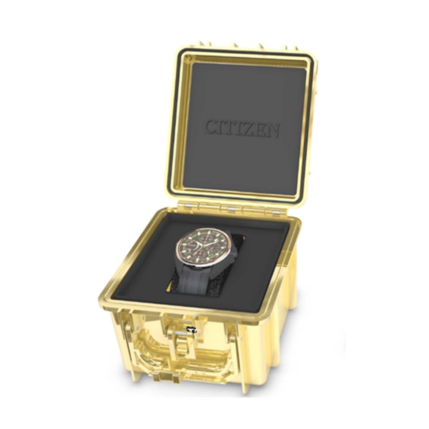 A gold watch case with Citizen logo and a watch inside