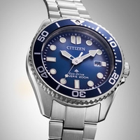 Citizen watch with blue face and silver band, Eco-Drive, diver's watch