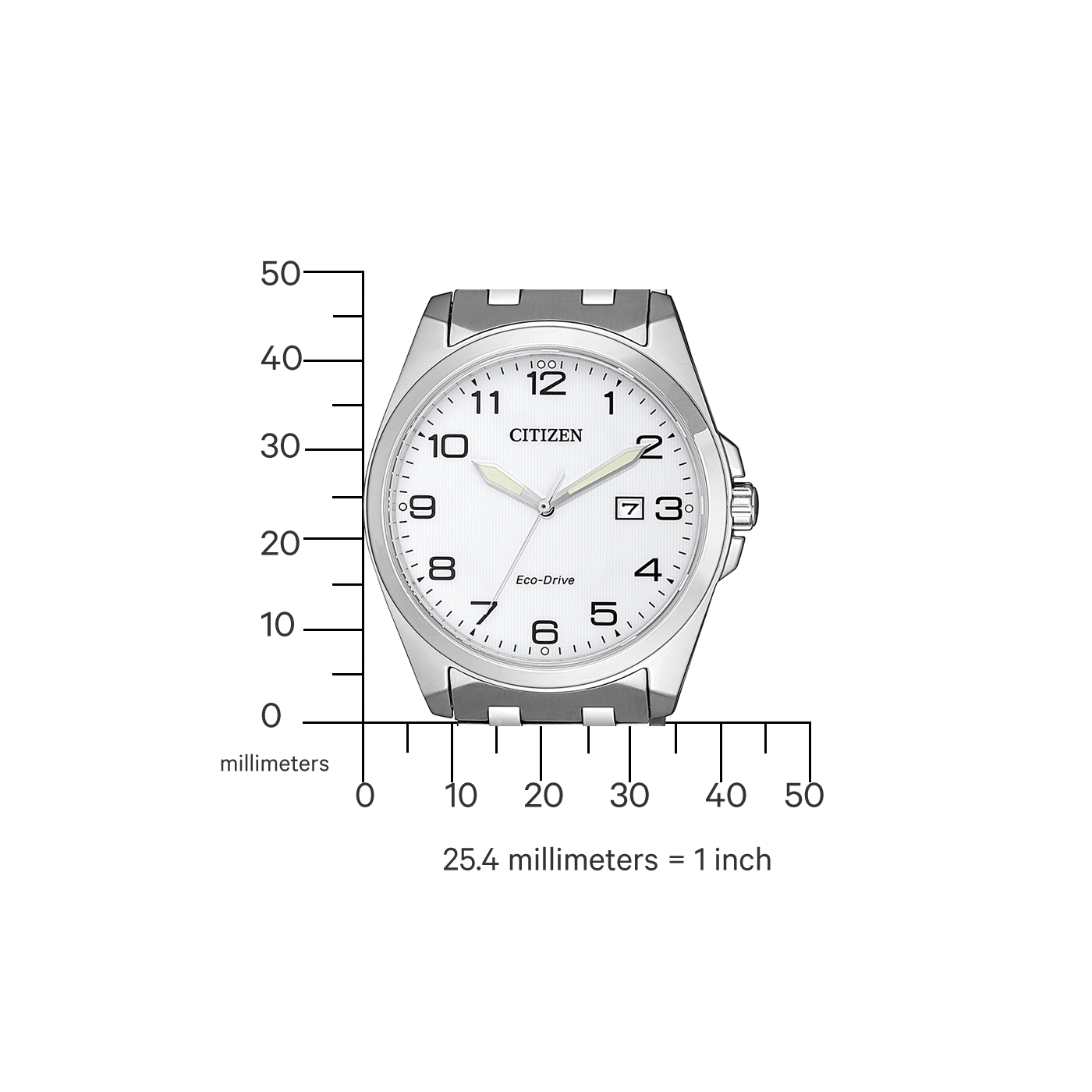 Citizen watch with white face, numbers, and Eco-Drive technology, showing time.