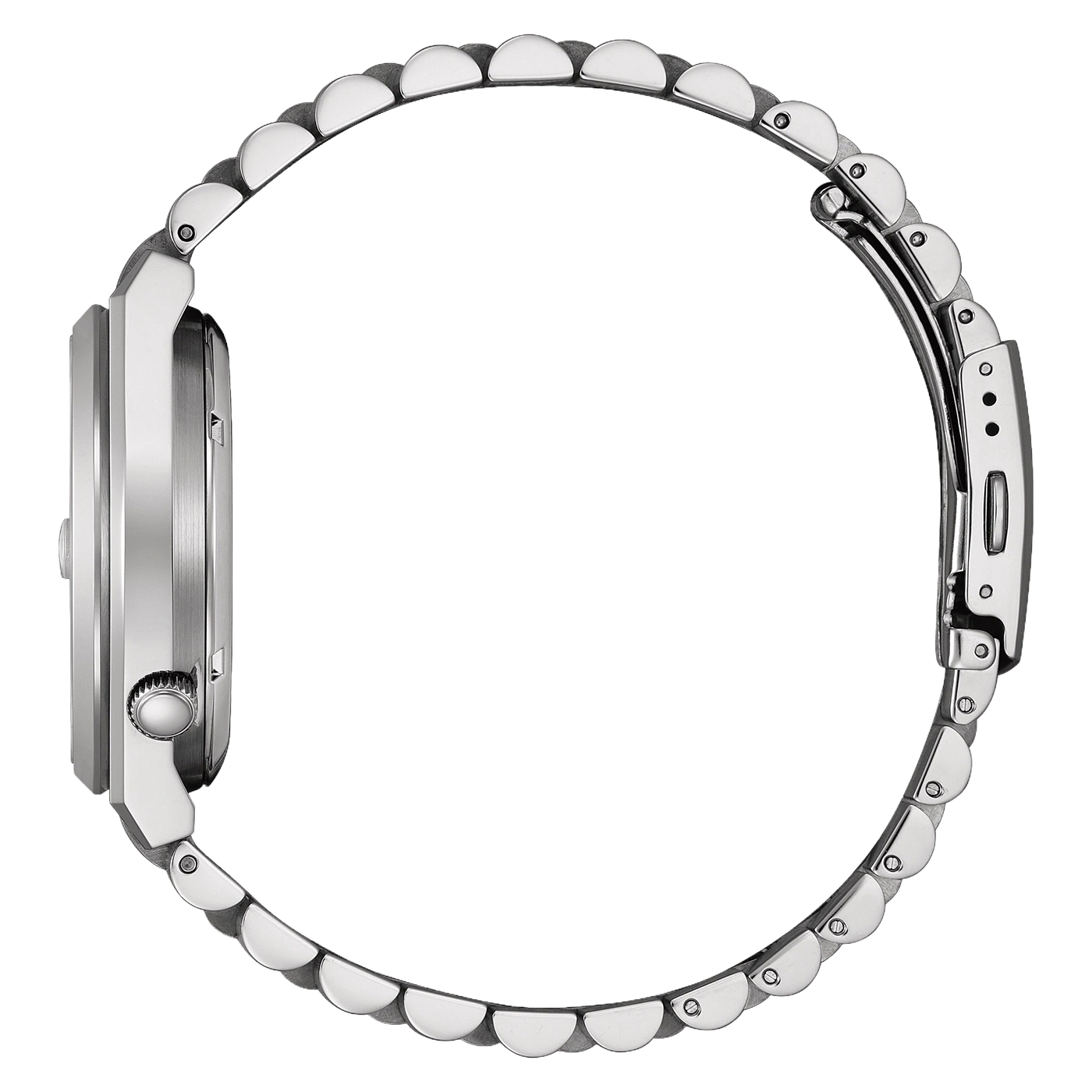 Side view of a silver watch with a metal band.