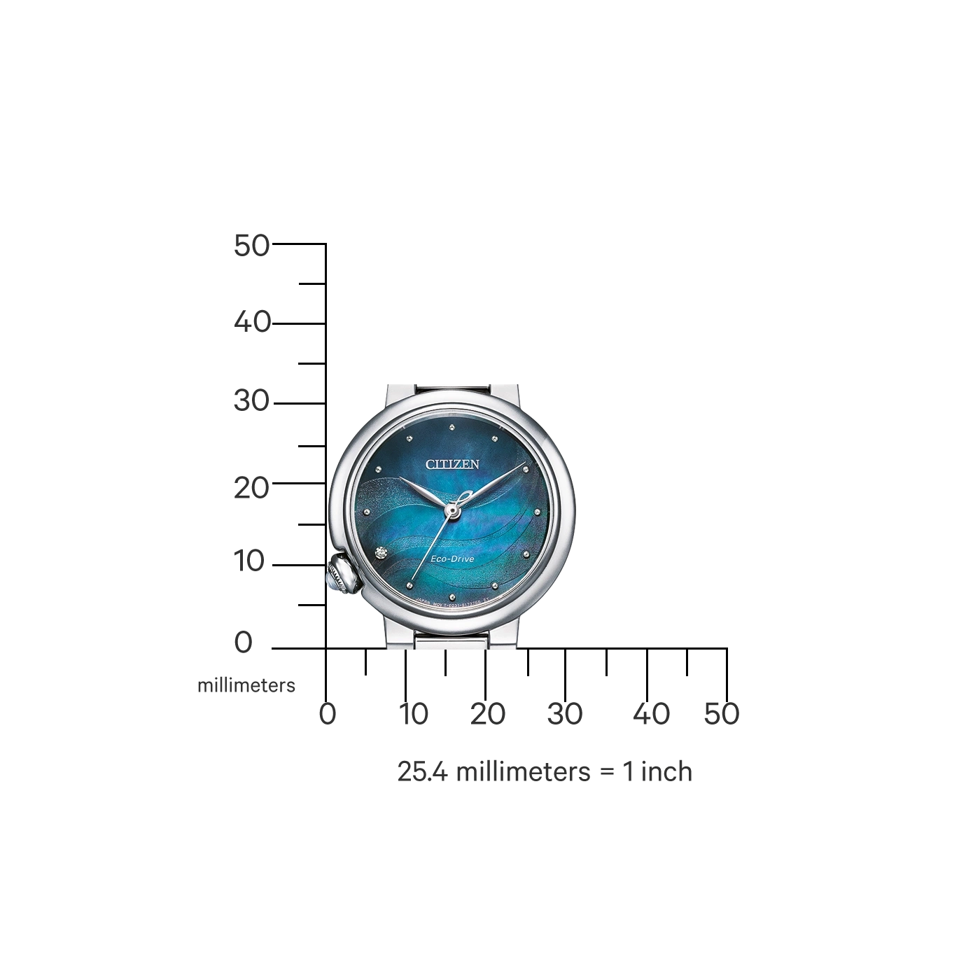 Citizen watch with a blue face, measuring scale, and Eco-Drive technology.