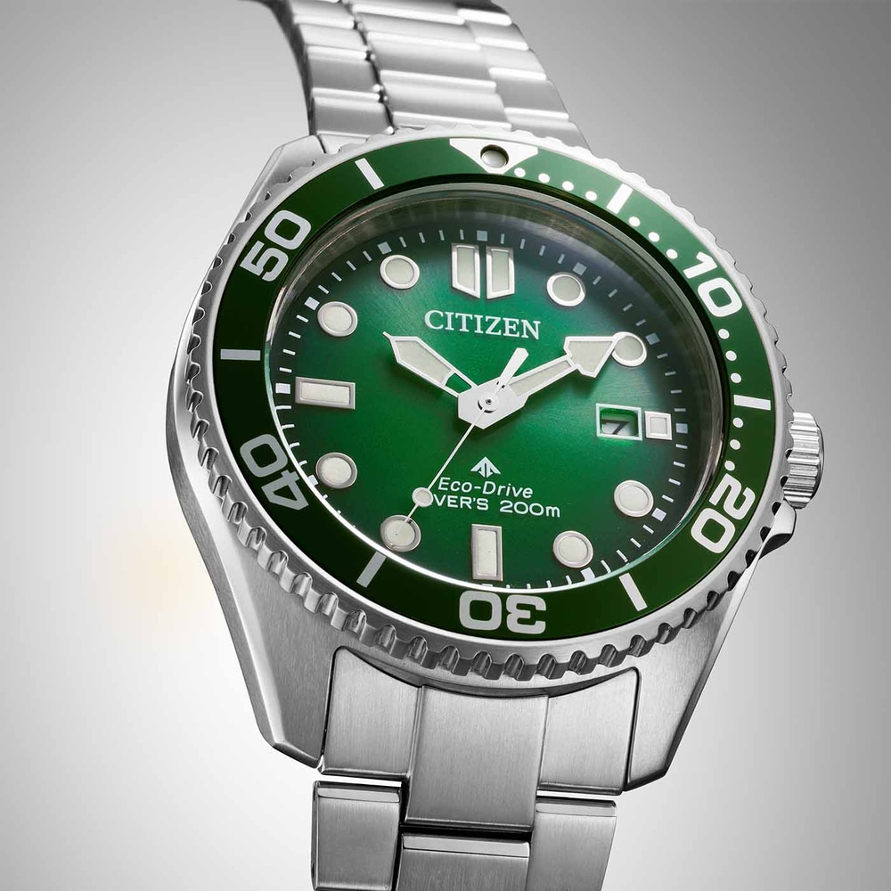 Citizen watch with green dial and bezel, stainless steel bracelet
