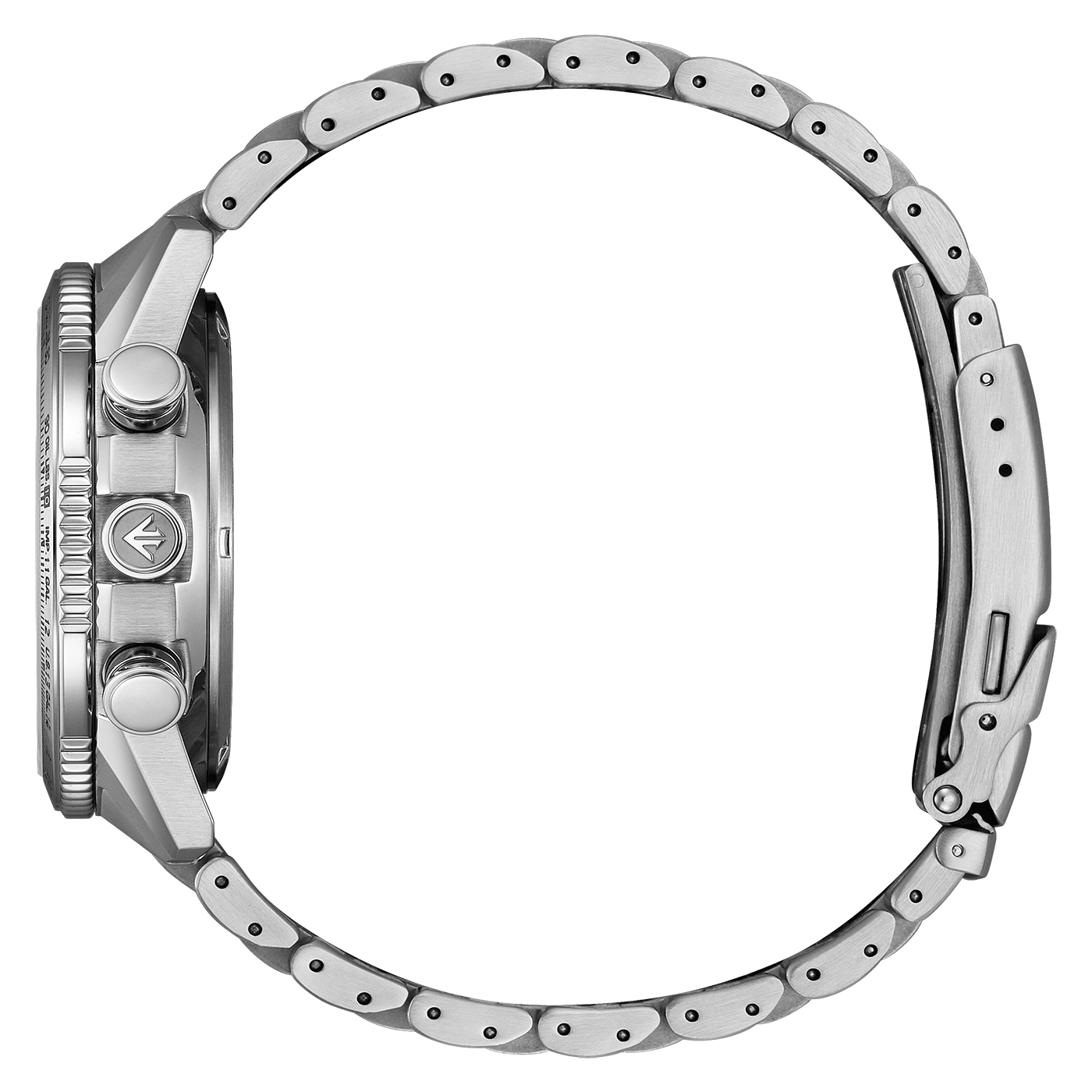 Side view of a silver wristwatch with a green background.