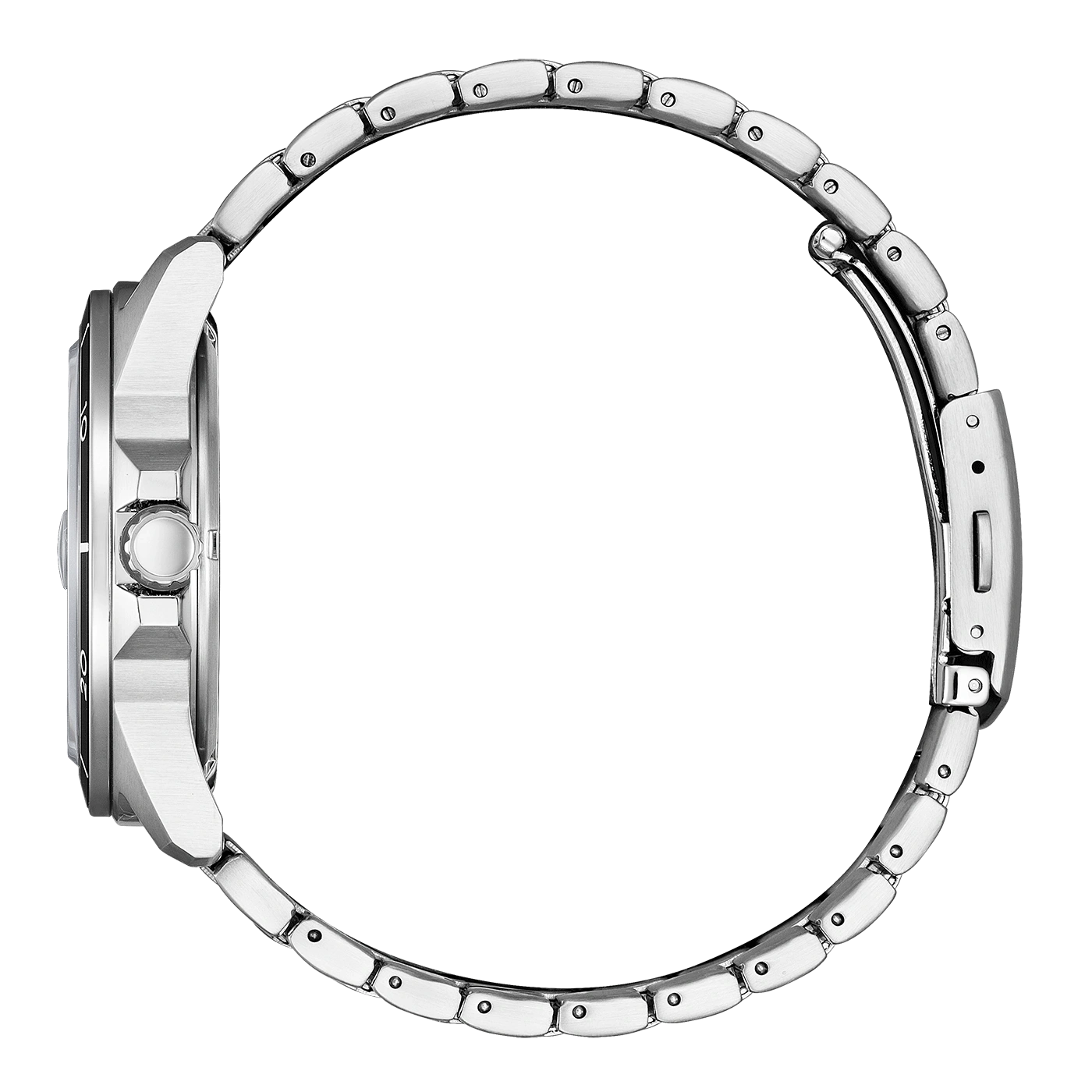 Silver watch with a metal strap, side view, isolated on white background.