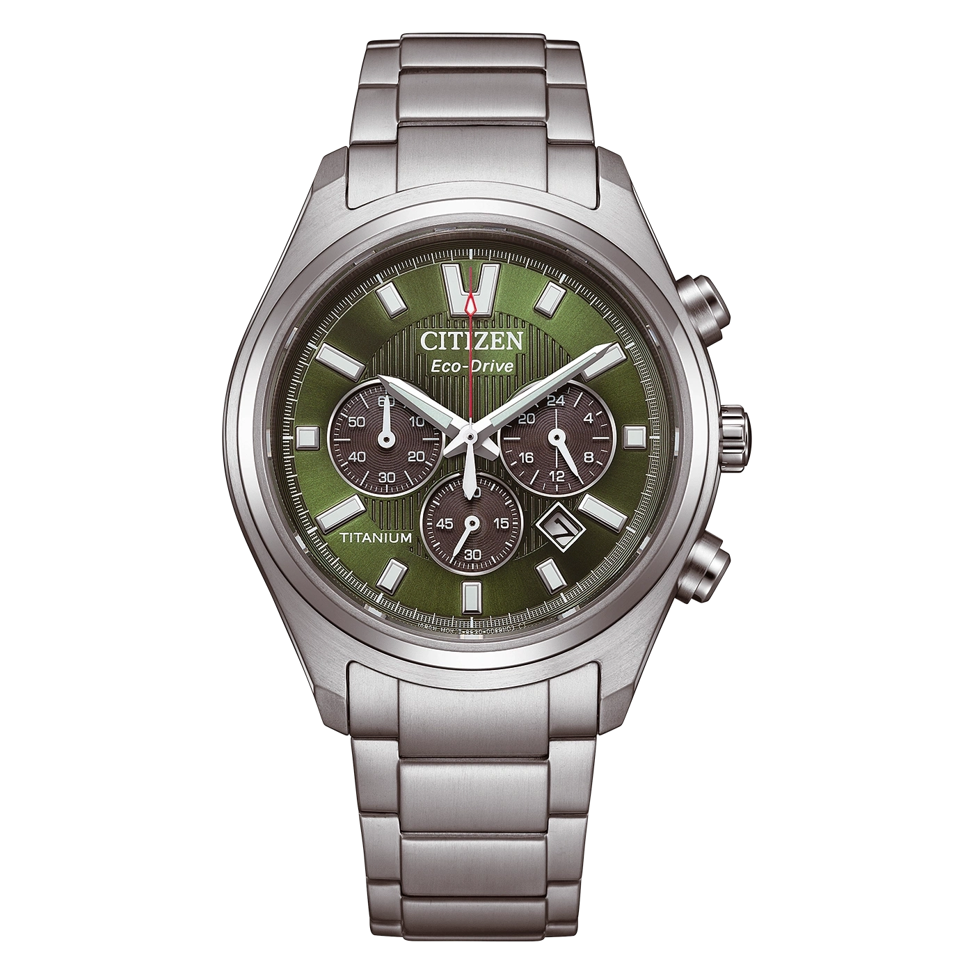 A close-up view of a silver Citizen Eco-Drive watch with a green dial and titanium band.