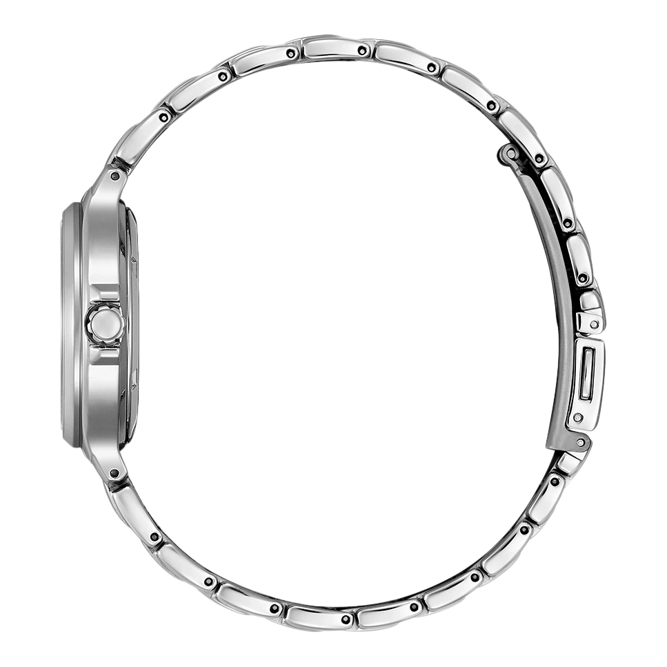 Side view of a silver wristwatch with a metal band, elegant design.