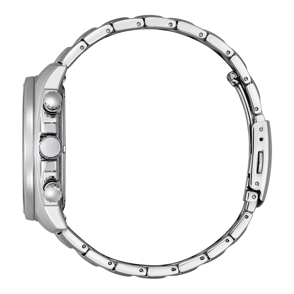 Side view of a silver wristwatch with a metal band and buttons.