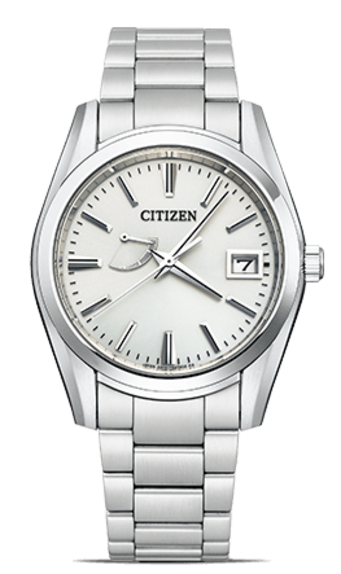 Citizen watch with a silver band and white face, date display.