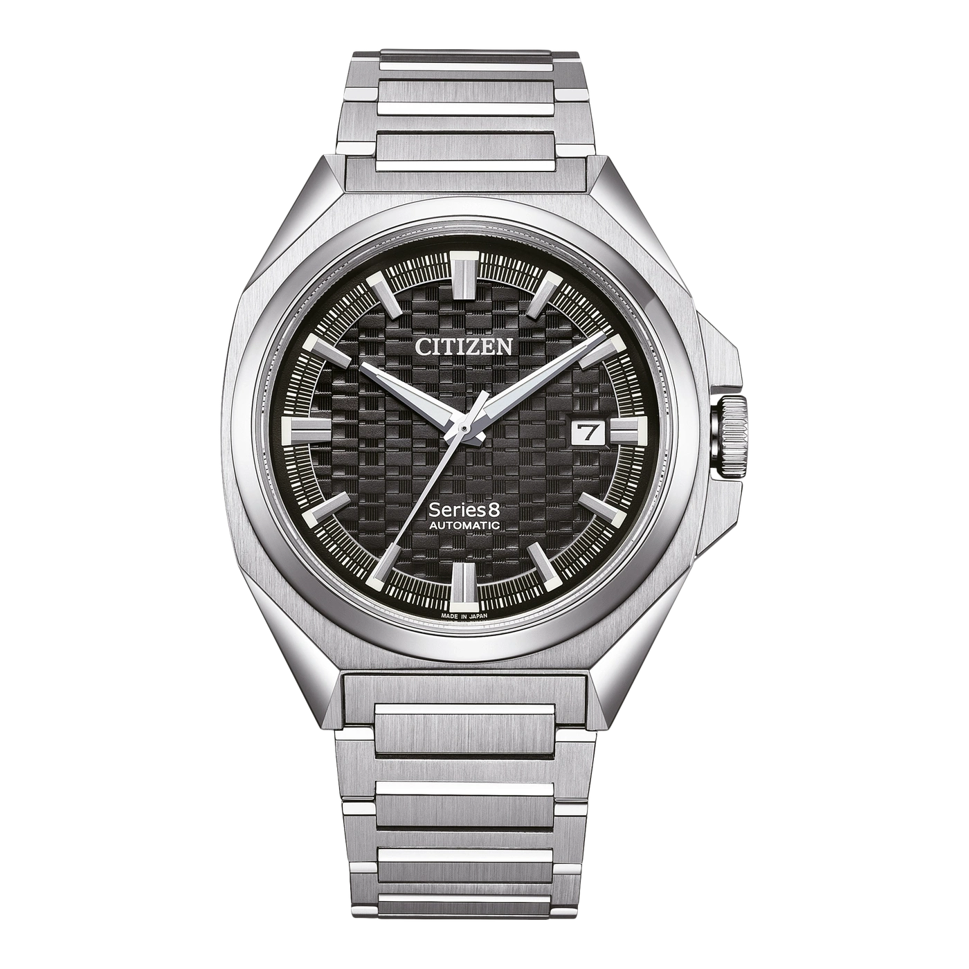Citizen Series 8 automatic watch with a black dial and steel bracelet.