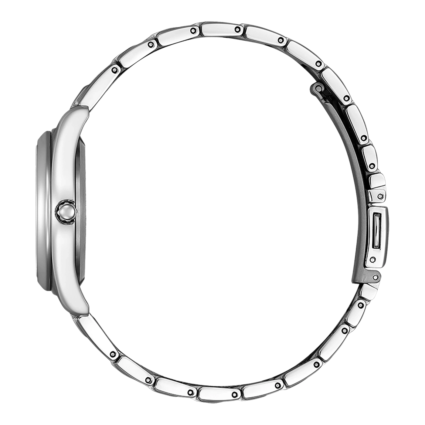 Side view of a silver wristwatch with a metal band, elegant design.