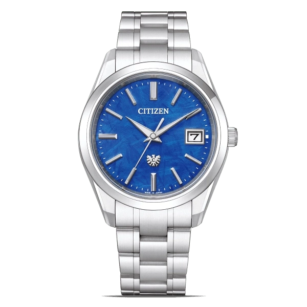 Citizen watch with blue face and silver band, date display.